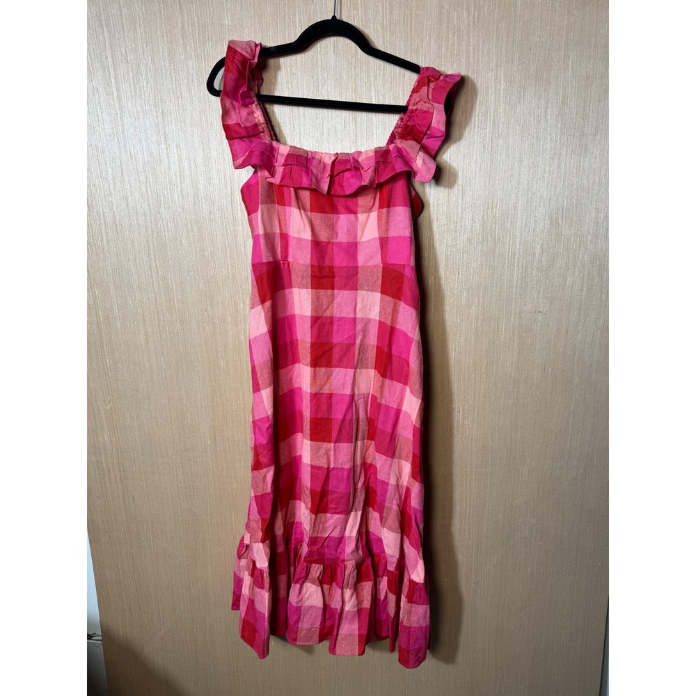 Kate Spade New York $459 Pink Red Picnic Midi Plaid‎ Ruffle Dress Womens Size M